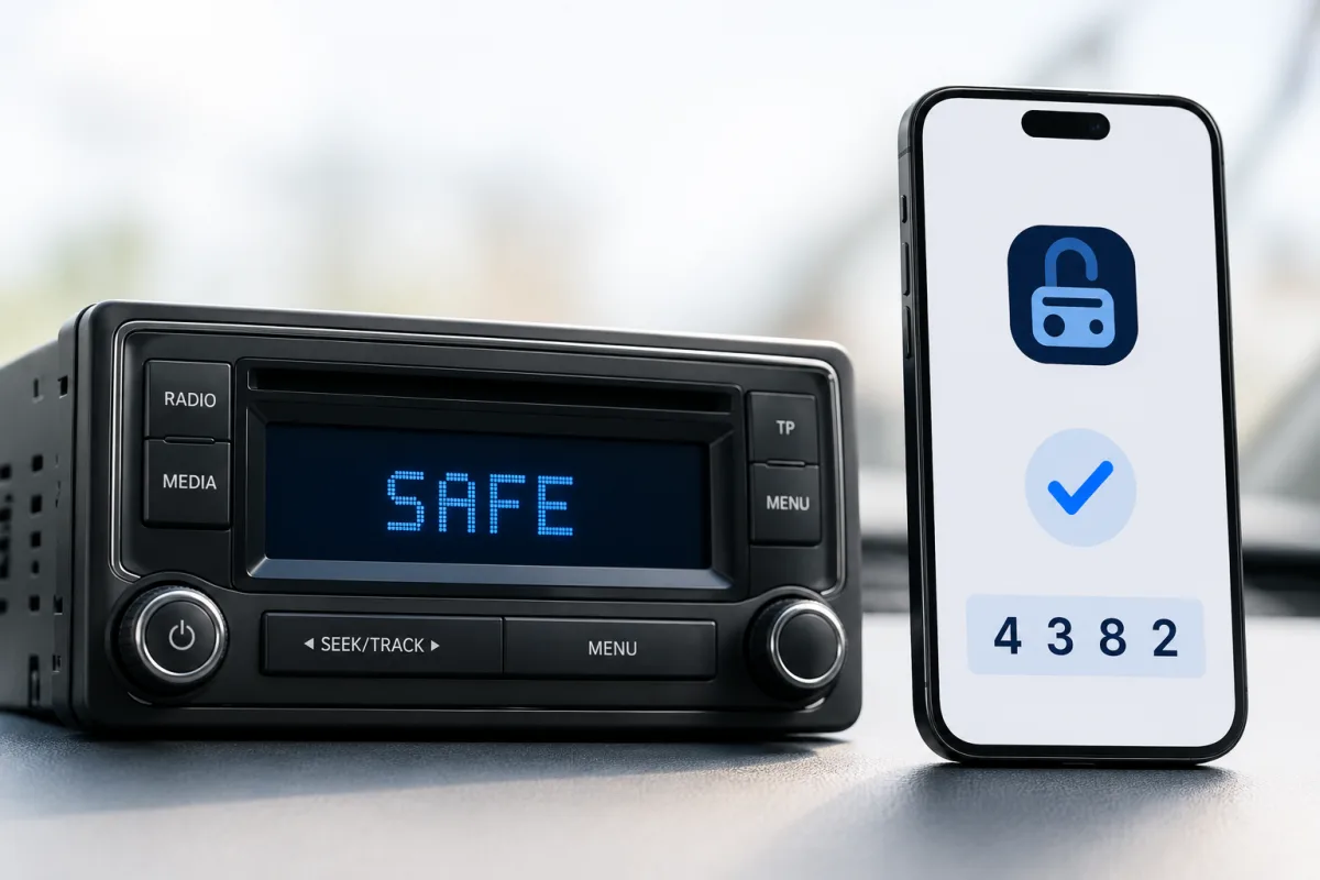Rádio de carro com o código de desbloqueio mostrado num telemóvel